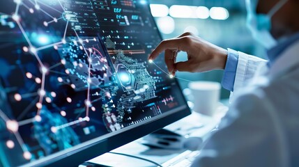 A scientist uses advanced technology on a computer screen, showcasing innovative scientific research and data analysis in a modern laboratory.