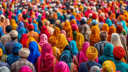 A large crowd of people wearing colorful clothing 
