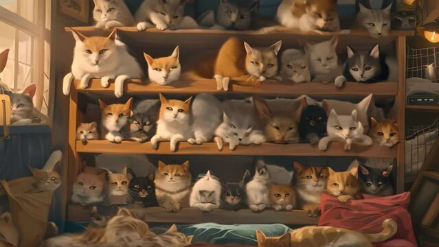 A painting depicting a room bustling with numerous cats of varying colors and sizes, A cozy shelter filled with furry friends waiting for their forever homes