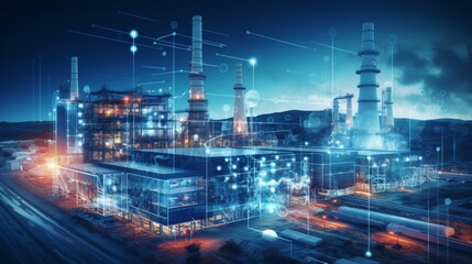 Fototapeta premium Modern factory, communication network. Telecommunication. IoT, Internet of Things, ICT, Information communication Technology,. Smart factory. Digital transformation, cloud connecting, generate by AI