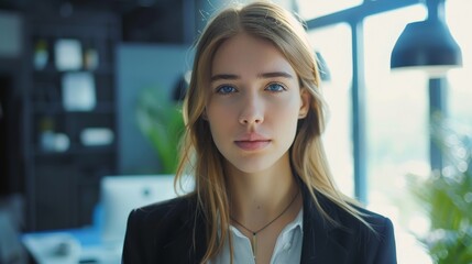 Portrait of confident businesswoman looking at camera in office, personal business image photo, business, office, working day, 4k HD wallpaper, background, generated by AI. 