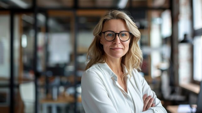 Portrait of confident businesswoman looking at camera in office, personal business image photo, business, office, working day, 4k HD wallpaper, background, generated by AI. 