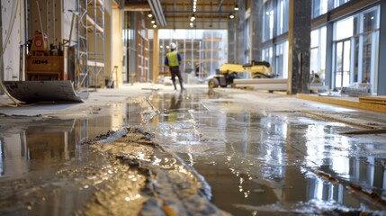 Puddles of rainwater forming on the unfinished floors of the building as workers use large squeegees to push it towards the drainage system.