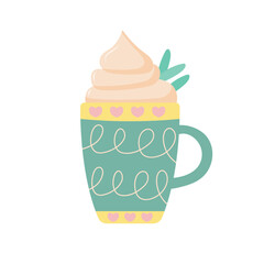 Cute mug with whipped cream. Sweet drink. Vector illustration isolated on white background.