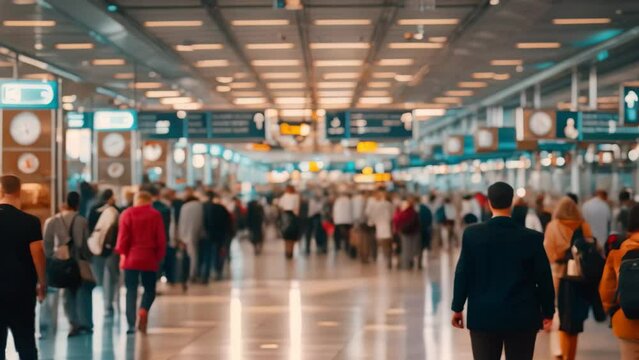 Crowded airport terminal with travelers walking towards departure gates, A crowded airport terminal filled with travelers hauling luggage and looking for their gates