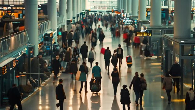 Crowd of travelers walking through an airport terminal with luggage and bags, A crowded airport terminal filled with travelers hauling luggage and looking for their gates