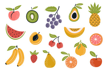 Set of simple fruits in the style of nursery art. Cute fruit for stickers, posters, cards, invitations and nursery room decor in boho style.
