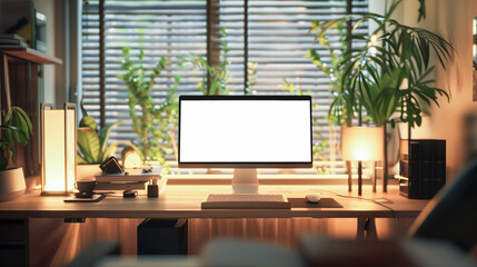 Modern home office setup with a computer monitor on a wooden desk, surrounded by indoor plants and soft lighting, creating a cozy and productive work environment