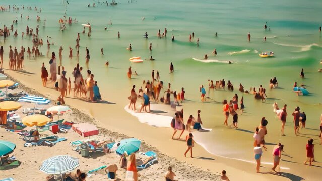 Numerous people of all ages packed on a beach on a sunny day, enjoying the sun, sand, and water, A crowded beach on a sunny day with families and tourists