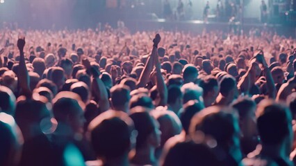 A large crowd of people filled with excitement at a concert venue, A crowded concert venue packed with excited fans