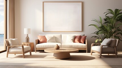 Obraz premium Cozy Modern Furniture Room, Blank Wooden Frame in Bright Setting, 3D Render
