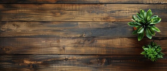 Fototapeta premium Top view of two green plants on a rustic wooden table background. Ideal for nature, home decor, and lifestyle themes.