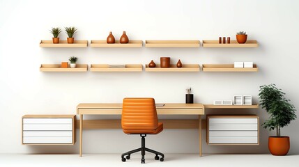 Modern Home Office with Sleek Desk, Minimalistic Shelves, and Office Accessories, 3D Render