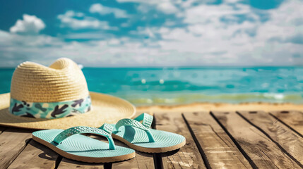 Obraz premium Flip-flops and a straw hat on a wooden deck with a beautiful beach and turquoise ocean in the background, capturing a relaxing summer vacation vibe