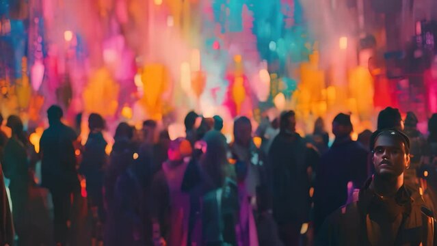 Diverse crowd of people standing together in front of a vibrant and colorful wall, A crowded dance floor with vibrant colors