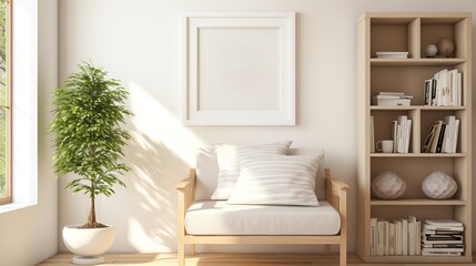 Showing a cozy reading book Frame mockup, featuring a comfy chair, minimalistic bookshelves, and a soft white throw, in a calm, bright space, 3D Render