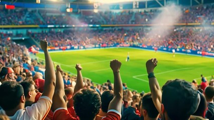 Enthusiastic fans packed in stadium watching a soccer match, cheering loudly and waving flags, A crowded sports event with fans cheering on their favorite teams