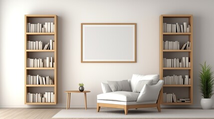 Cozy modern living room with white armchair, wooden bookshelves, potted plant, and  frame mockup on the wall. Minimalist home decor. 3D Render