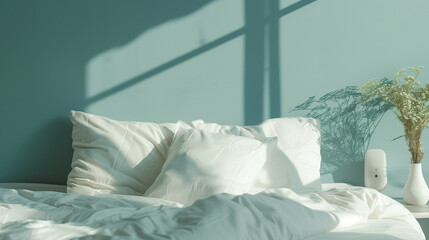 White Pillows on Soft Bed with White Linens and Plant on Blue Background