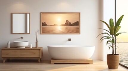 Elegant modern bathroom with a luxurious freestanding bathtub, wooden furniture, large window, and serene sunset artwork. 3D Render