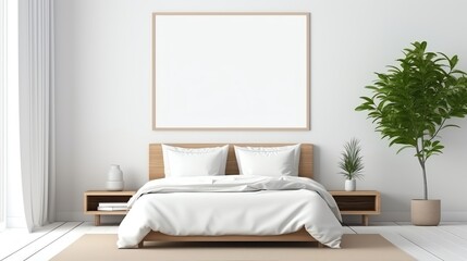 Minimalist modern bedroom with wooden furniture, white bedding, indoor plant, 3d render
