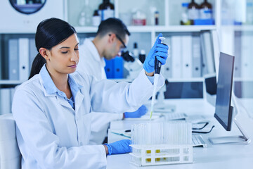 Woman, technician and medical research for covid 19, vaccine and pipette with sample in lab for pharmaceuticals. Female person, scientist and virus in healthcare for chemistry in forensic for testing