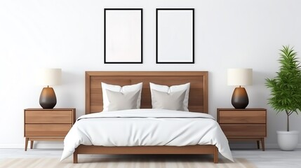 Bedroom frame mockup , with soft white linens, cozy pillows, and a minimalist nightstand, set against a pristine white wall, 3d render