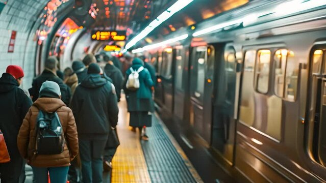 A busy subway platform with a group of commuters waiting for the train to arrive, A crowded subway platform with commuters rushing to catch their train