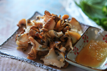 View of the turban shell sashimi on the dish