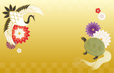 鶴と亀と和花の背景イラスト素材 ベクター 縁起物 寿 祝い 長寿 年賀 金背景