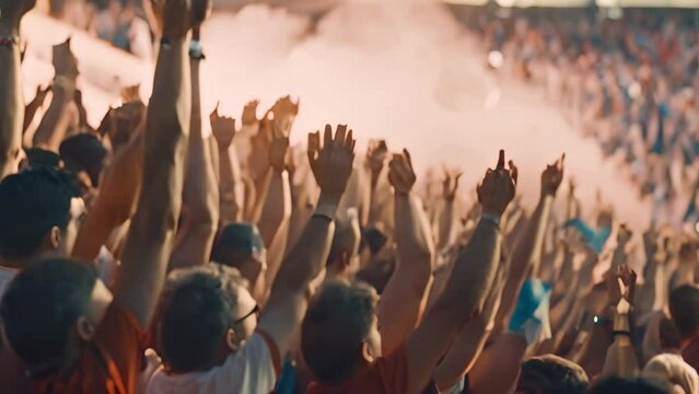 Large group of people with arms up in excitement, cheering at a sports event or concert in a packed stadium, A crowd of fans cheering in the stands