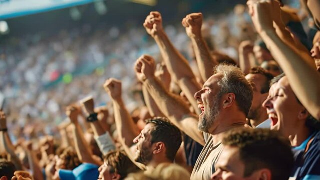 A massive crowd of enthusiastic fans cheering and waving at a sports event in packed stands, A crowd of fans cheering in the stands