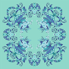 Design of scarf with vases of roses. Mint and blue colors