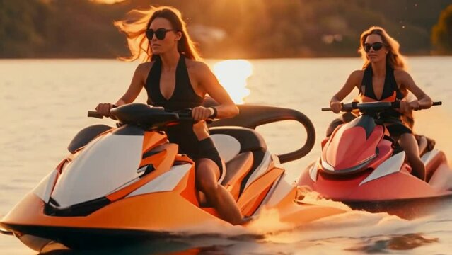 Fashionable water sports gear takes centre stage as models elegantly rotate on jet skis and paddleboards