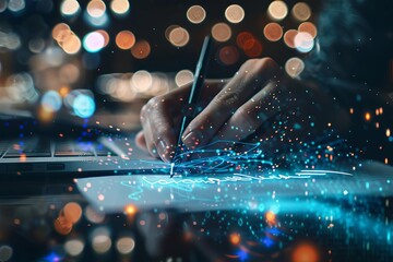Person working on a digital tablet with stylus, illuminated with blue holographic light, surrounded by abstract bokeh background.