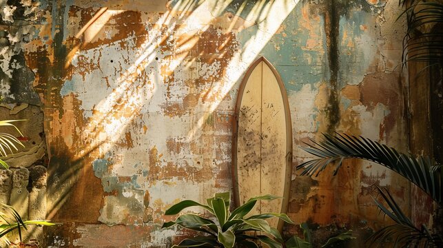 Weathered wall, vintage surfboard, tropical ambiance, sunlight streaming through, capturing a nostalgic summer vibe