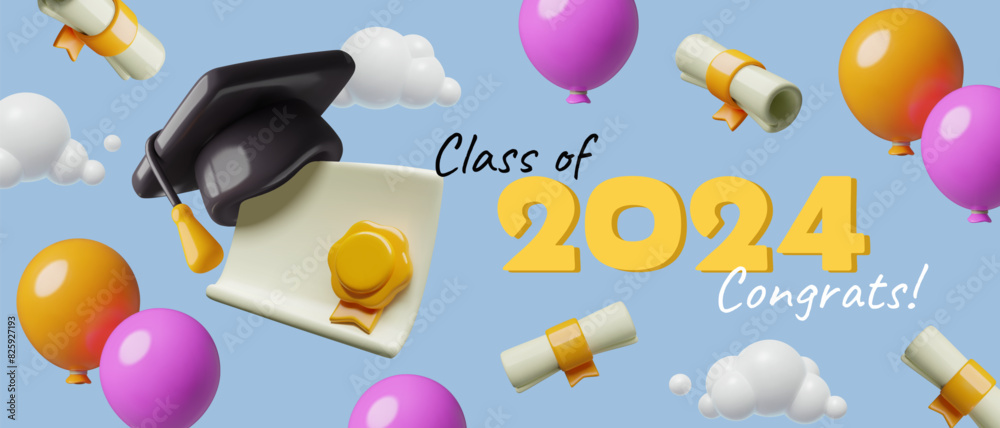 Wall mural graduation 2024 congratulation banner 3d vector design. vibrant three dimensional render balloons an