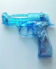 Close-up of a transparent blue plastic toy gun, isolated on a light background. Creative and playful prop for various themes and concepts.