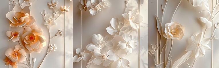 Triptych of floral posters, intricate paper cut designs, elegant frames, soft hues and delicate details, sophisticated aesthetic
