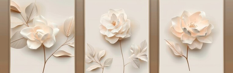 Trio of framed floral posters, delicate paper cut designs, layered textures, soft and muted color scheme, refined and stylish