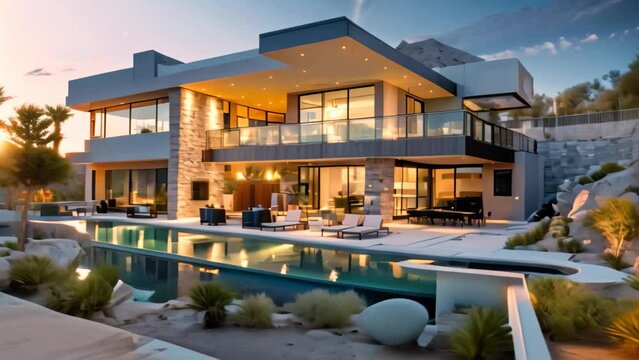A large contemporary house featuring a pool in the front yard, A cutting-edge smart home with voice-activated controls, integrated security systems, and energy-efficient features