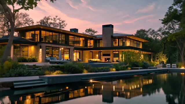 A large, modern house by a body of water, showcasing contemporary architecture, A cutting-edge smart home with voice-activated controls, integrated security systems, and energy-efficient features