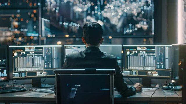 A cyber intelligence analyst sits at a desk in front of two computer monitors, monitoring online threats, A cyber intelligence analyst monitoring online threats