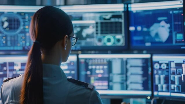 A woman focused on analyzing data on multiple computer screens as a cyber intelligence analyst, A cyber intelligence analyst monitoring online threats