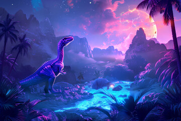 dinosaurs in the jungle vector neon 3d rendering