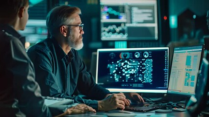 Cybersecurity consultant advising a company on data protection measures while working at his computer, A cybersecurity consultant advising a company on best practices