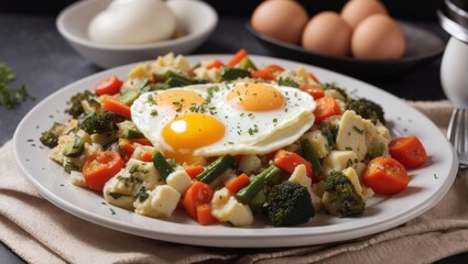Egg omelet with vegetables , cabbage, tomato, breakfast, vegetables,