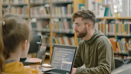 A man is seated in front of a laptop computer, focused on his work in a library setting, A cybersecurity educator teaching students about online safety - Powered by Adobe