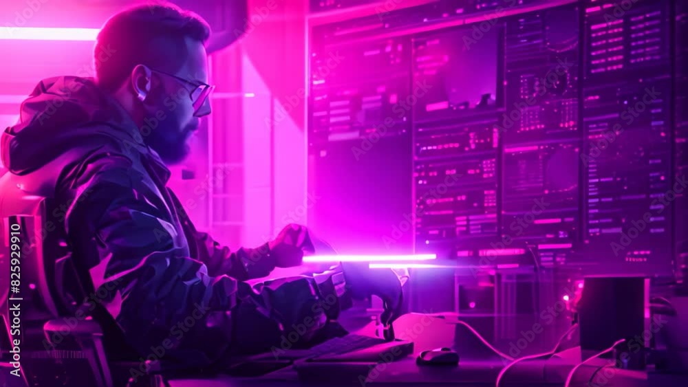 Aufkleber a man working at a desk, concentrating on his computer to build a secure platform, a cybersecurity e