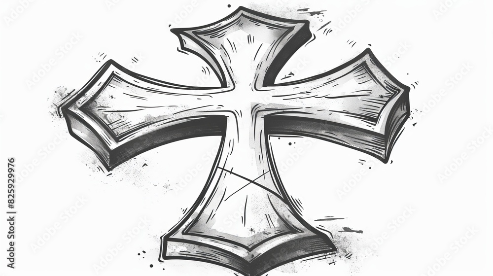 Sticker Modern of a Christian cross symbol in black and white, hand drawn in sketch style, isolated on white background, in modern format.